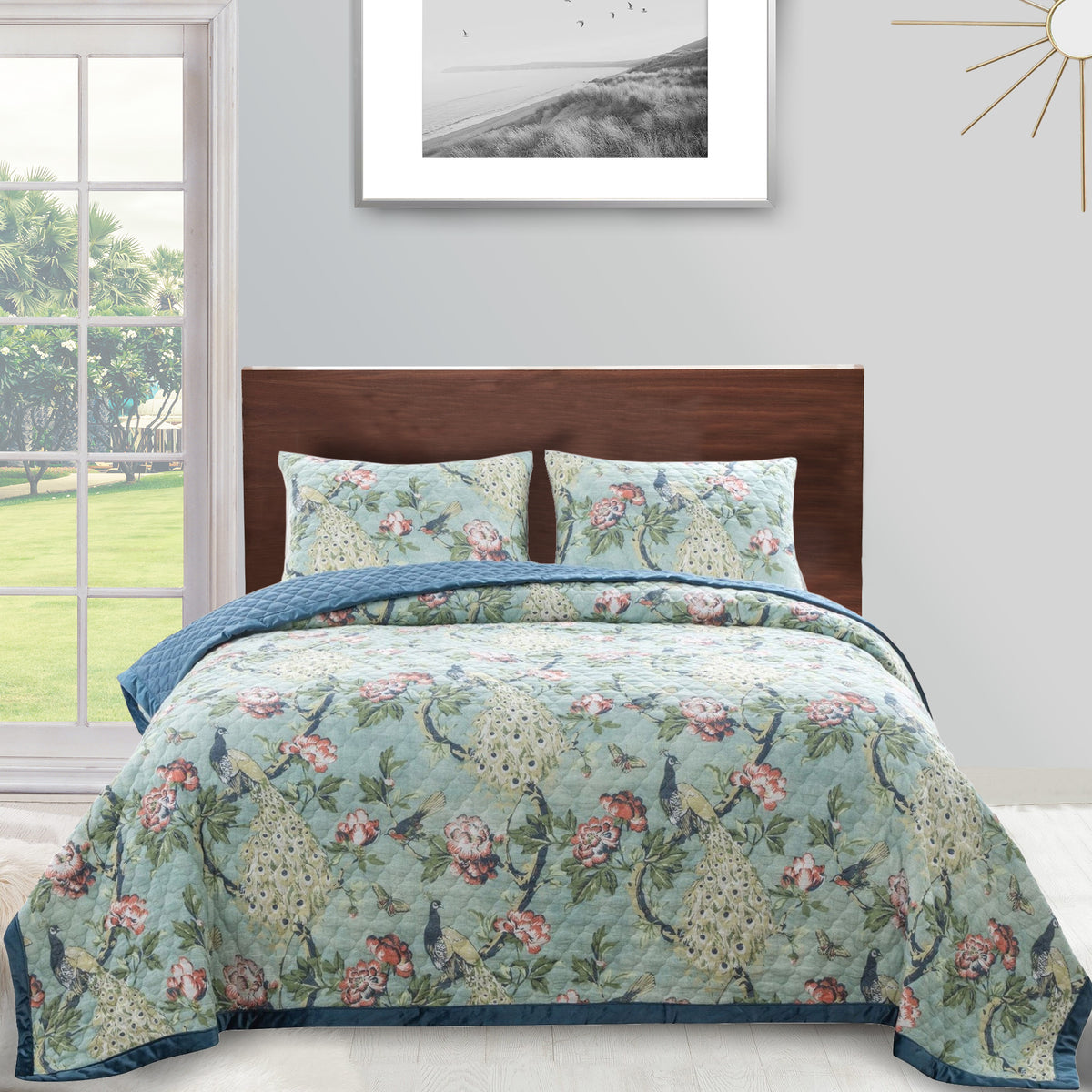 Eden 2 Piece Twin XL Quilt Set, Peacock and Songbirds, Green Microfiber - BM294313