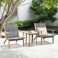 3 Piece Outdoor Set 2 Chairs and End Table, Gray Woven Wicker, Brown Acacia - BM294960