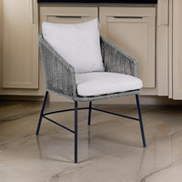 25 Inch Patio Dining Chair, Matte Black Steel Frame, Gray Rope Woven Seat - BM295615