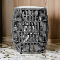 Gip 22 Inch Indoor Outdoor End Table Stool, Gray Round Stone Top, Woven Rope - BM295620
