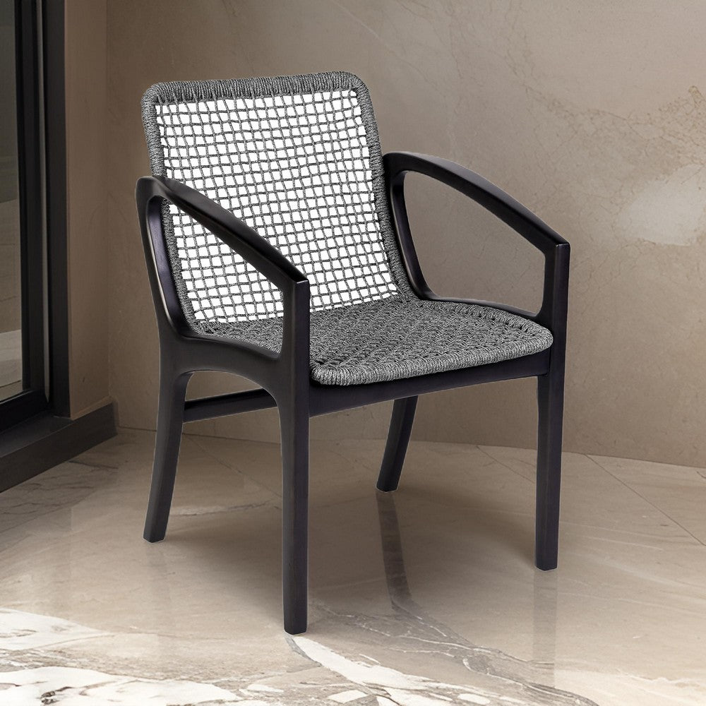 Tye 25 Inch Patio DIning Chair, Dark Eucalyptus Wood, Gray Rope Seating - BM295637