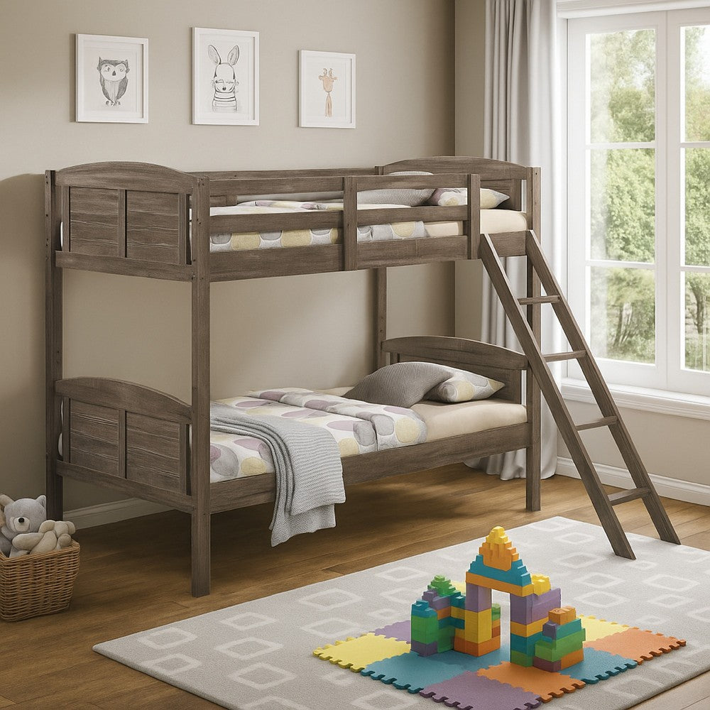Twin Over Twin Bunk Beds, Curved Headboards, Ladder, Straight Legs, Brown - BM296680