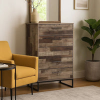 Vyne 51 Inch Tall Dresser 5 Drawers Chest, Gray Woodblock, Black Metal Base  - BM296909