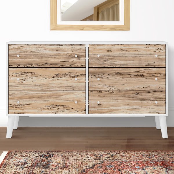Asher 59 Inch Contemporary Dresser, 6 Drawers, White and Natural Brown - BM296944