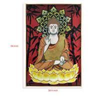39 x 59 Hand Painted Buddha on Lotus, Gold Frame, Resin Coated, Red, Yellow - BM298930