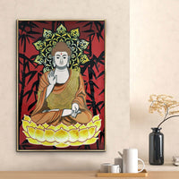 39 x 59 Hand Painted Buddha on Lotus, Gold Frame, Resin Coated, Red, Yellow - BM298930