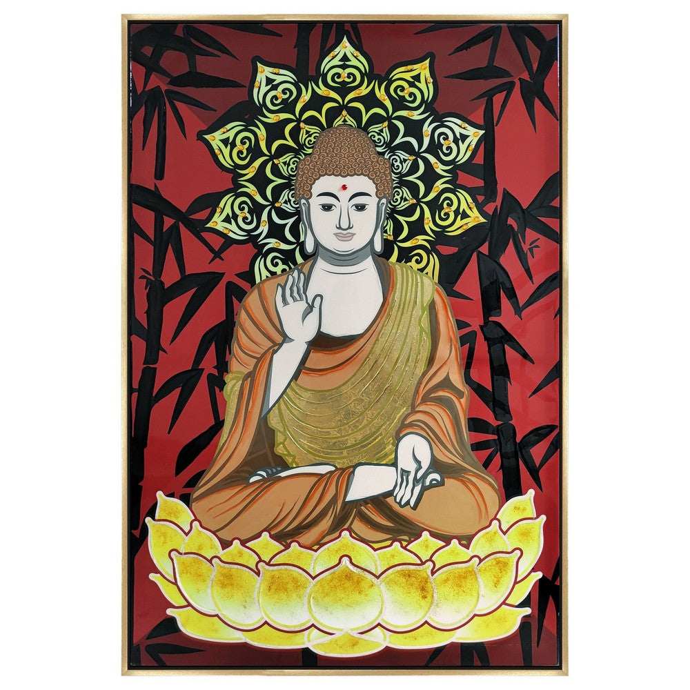 39 x 59 Hand Painted Buddha on Lotus, Gold Frame, Resin Coated, Red, Yellow - BM298930