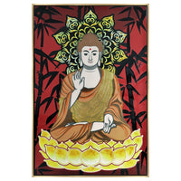 39 x 59 Hand Painted Buddha on Lotus, Gold Frame, Resin Coated, Red, Yellow - BM298930