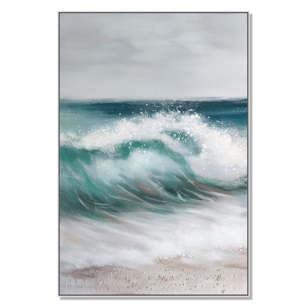 39 x 59 Hand Painted Cresting Waves, White Frame, Seafoam Green, Ocean Blue - BM298933