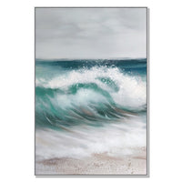39 x 59 Hand Painted Cresting Waves, White Frame, Seafoam Green, Ocean Blue - BM298933