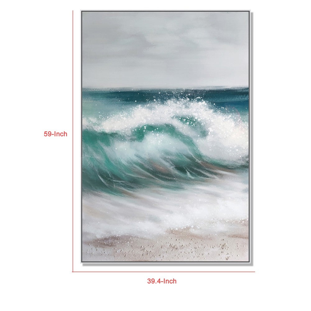 39 x 59 Hand Painted Cresting Waves, White Frame, Seafoam Green, Ocean Blue - BM298933