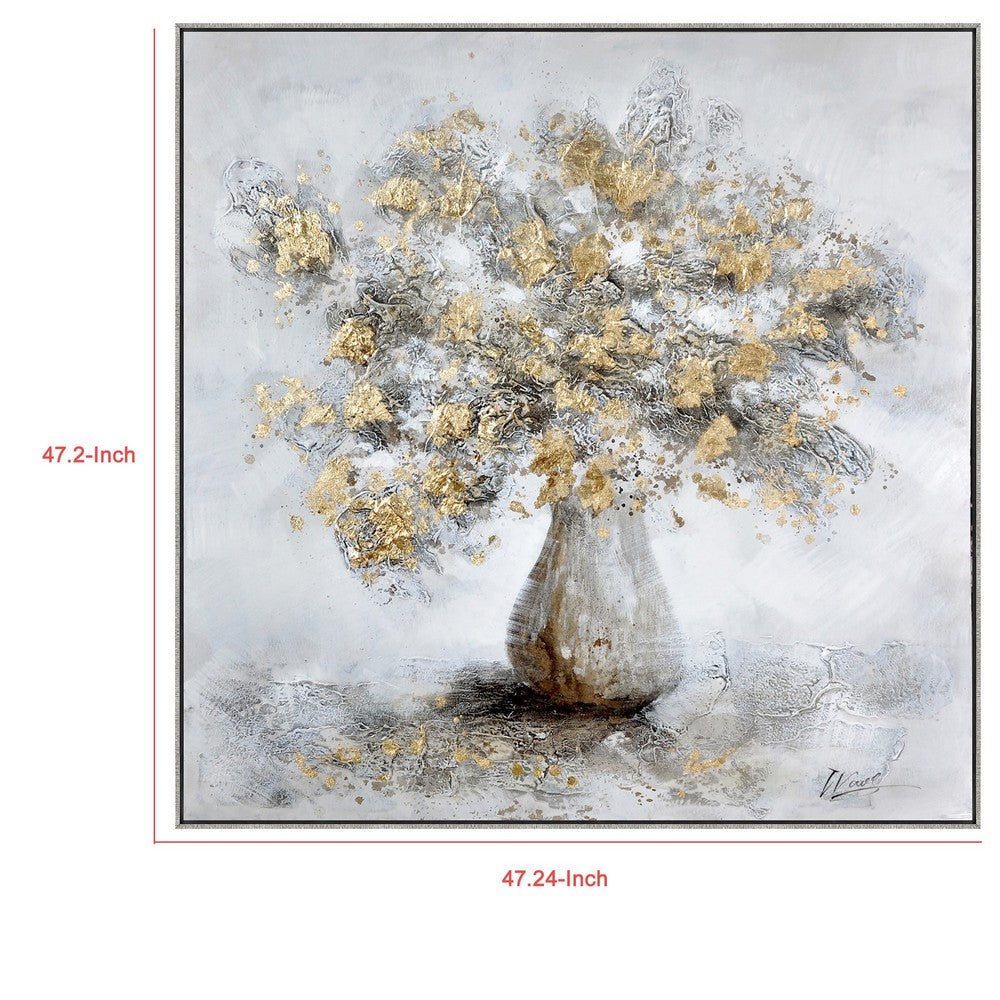 47 x 47 Modern Hand Painted Vase with Gold Foil Flowers and Silver Frame - BM298940