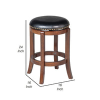 Ovi 24 Inch Wooden Swivel Counter Stool, Faux Leather Seat, Walnut Brown - BM299366