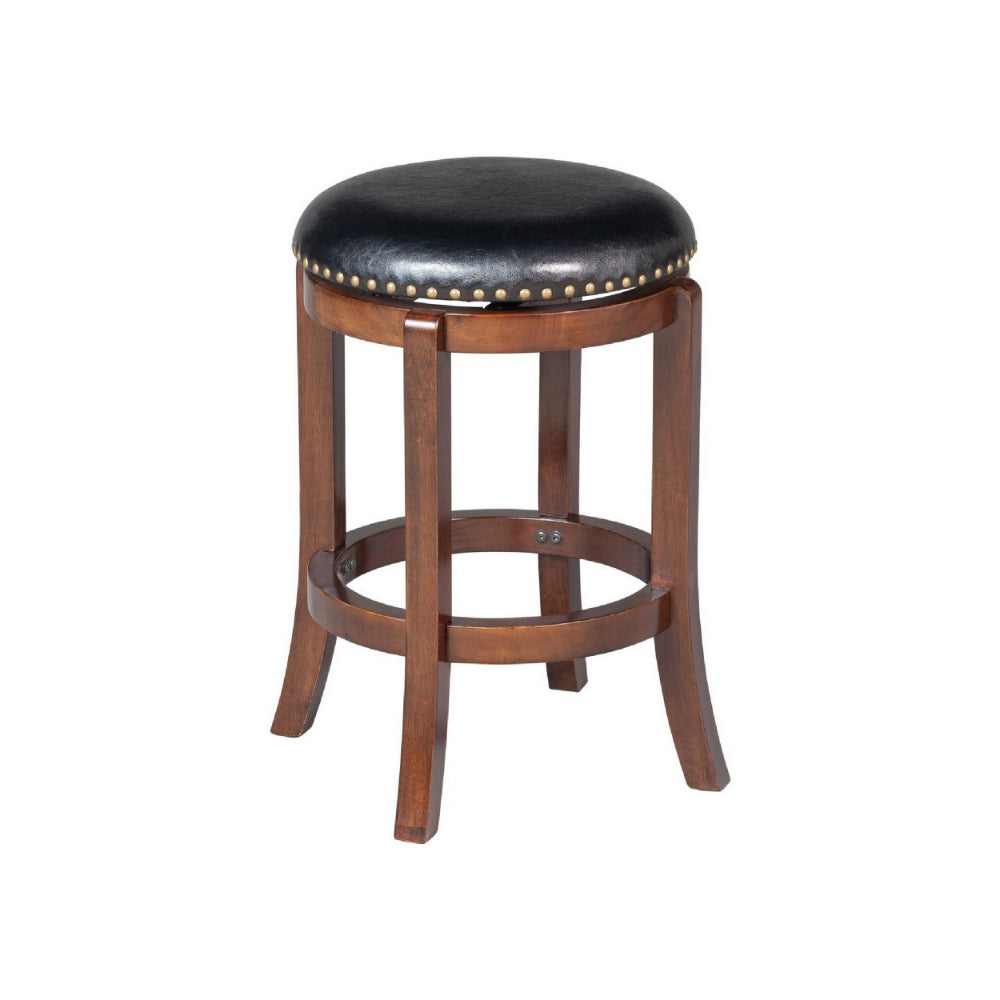 Ovi 24 Inch Wooden Swivel Counter Stool, Faux Leather Seat, Walnut Brown - BM299366