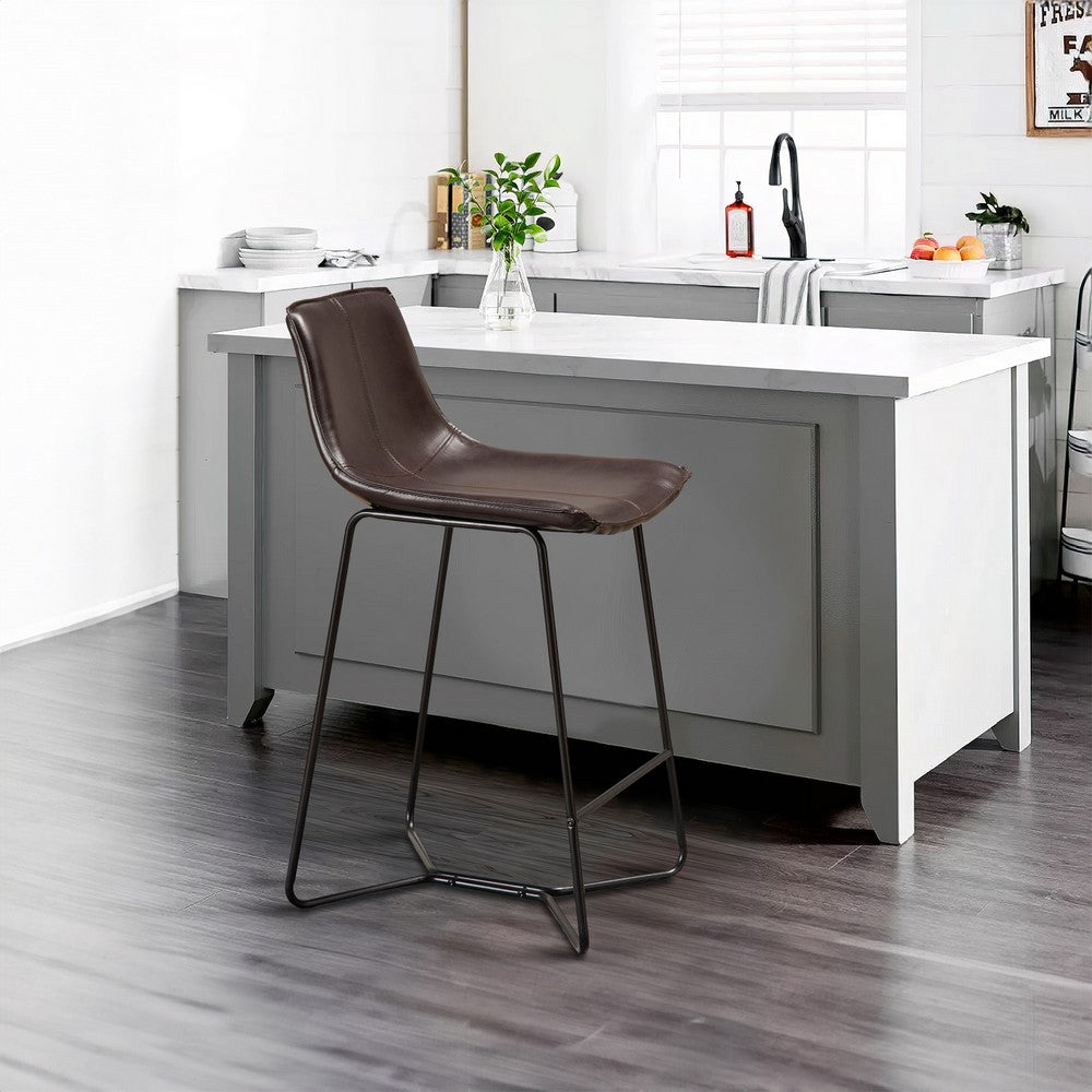 26 Inch Set of 2 Counter Stool Chairs, Padded Dark Brown Faux Leather  - BM299458