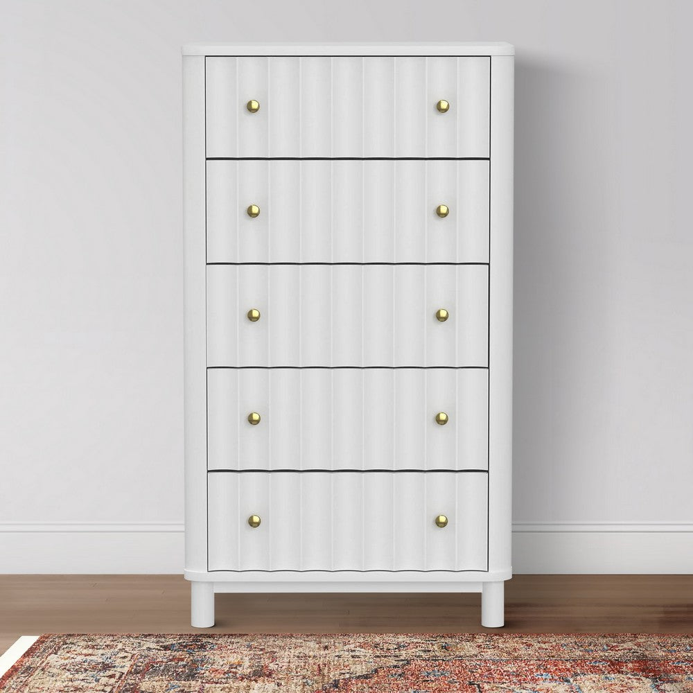 Benjara Aya 48 Inch Tall 5 Drawer Dresser Chest, Scalloped Motif Front, White Wood
