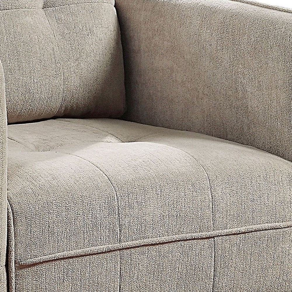 Hak 33 Inch Accent Chair, Rounded Arms, Biscuit Tufting, Wood Legs, Taupe - BM299621