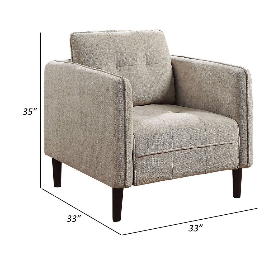 Hak 33 Inch Accent Chair, Rounded Arms, Biscuit Tufting, Wood Legs, Taupe - BM299621