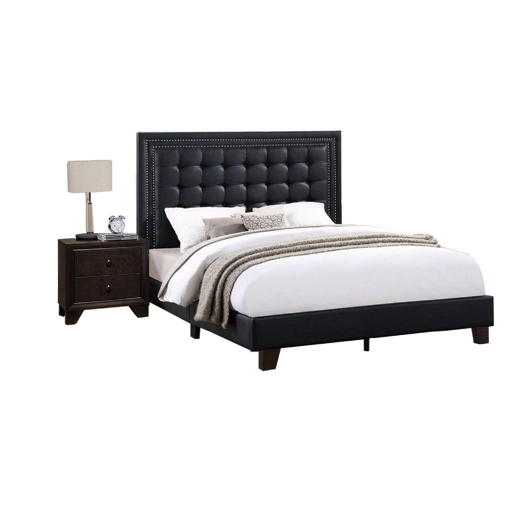 Vea Modern Platform Queen Bed, Deep Tufted Upholstery, Black Faux Leather - BM300185