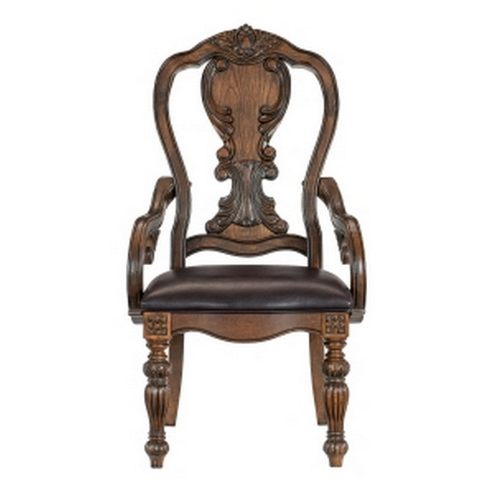 Devi 20 Inch Armchair, Queen Anne Backrest, Turned Legs, Rustic Brown  - BM301063