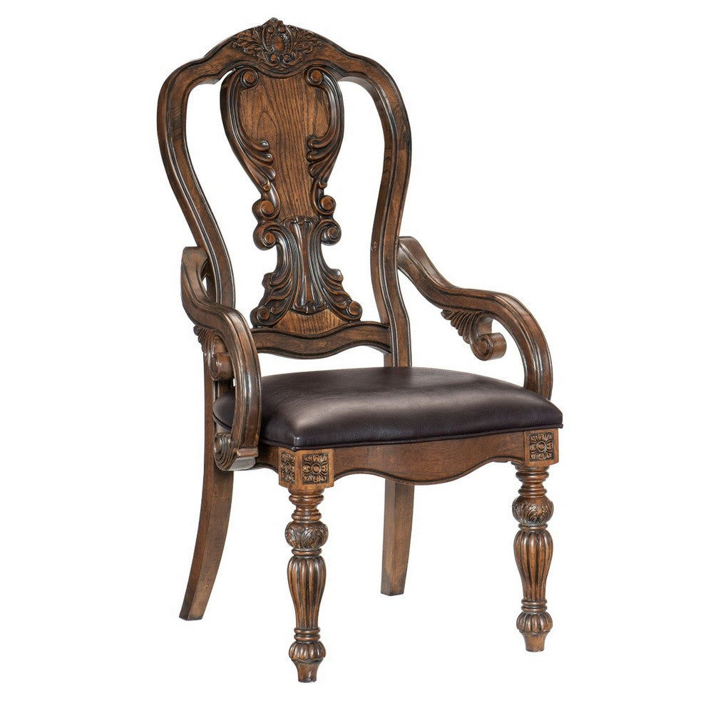 Devi 20 Inch Armchair, Queen Anne Backrest, Turned Legs, Rustic Brown  - BM301063