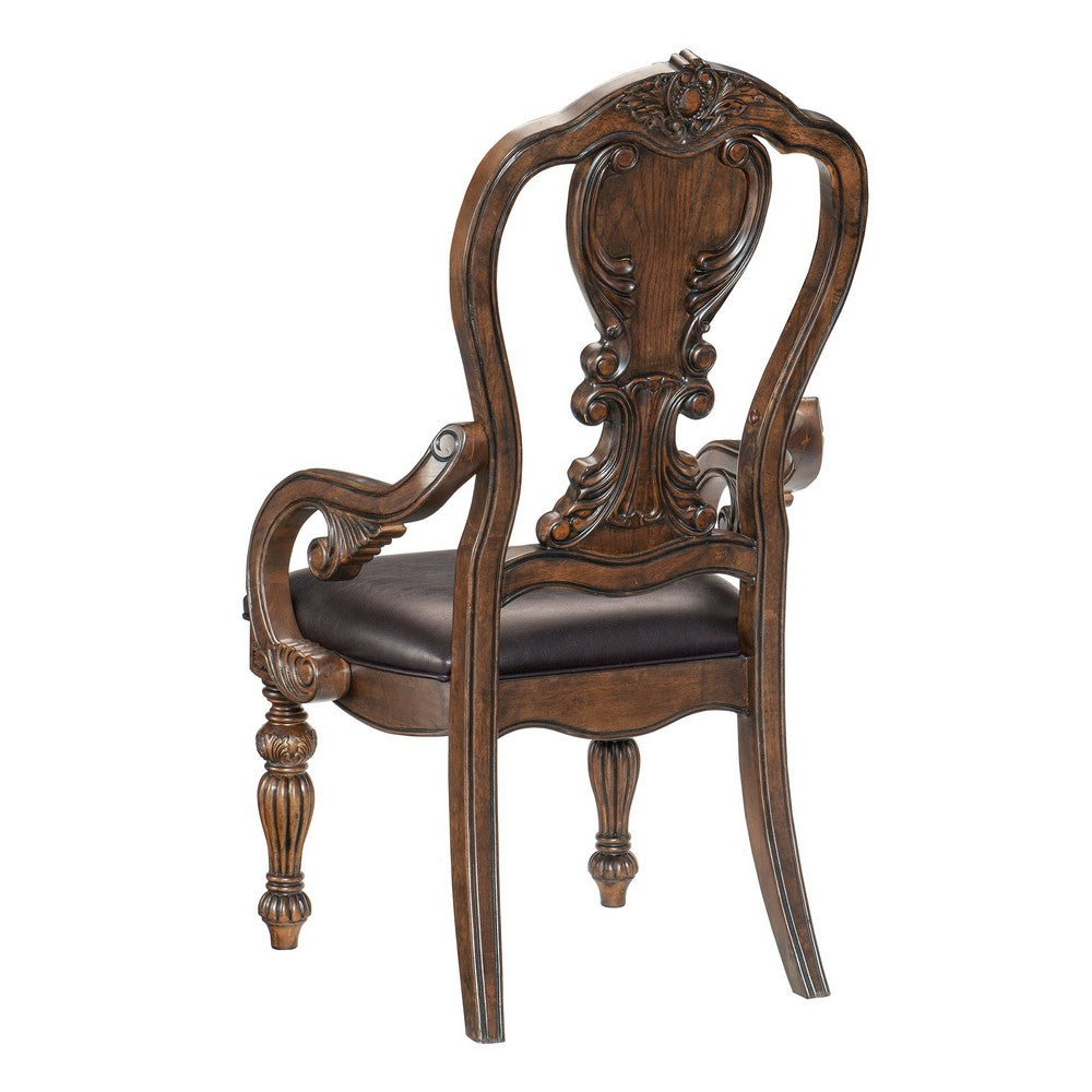 Devi 20 Inch Armchair, Queen Anne Backrest, Turned Legs, Rustic Brown  - BM301063
