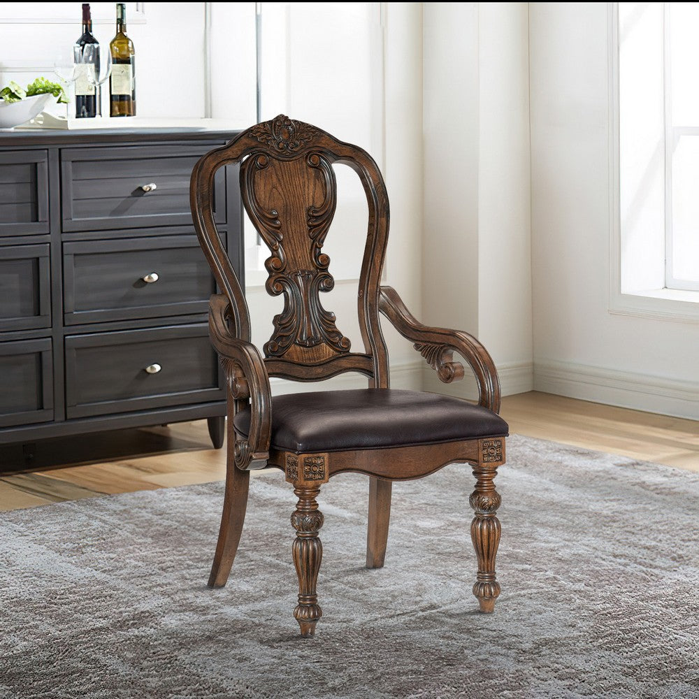 Devi 20 Inch Armchair, Queen Anne Backrest, Turned Legs, Rustic Brown  - BM301063