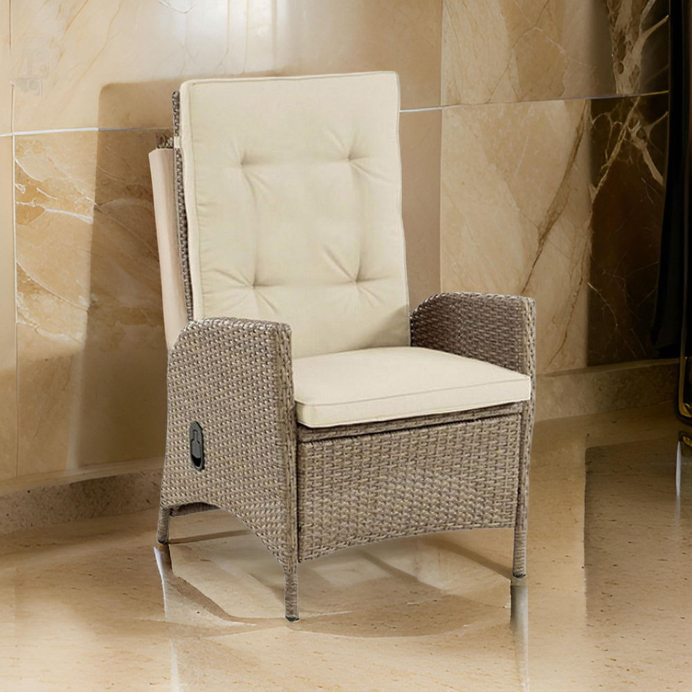 Ankia 25 Inch Outdoor Manual Reclining Chair, Set of 2, Brown Wicker, Beige - BM302159