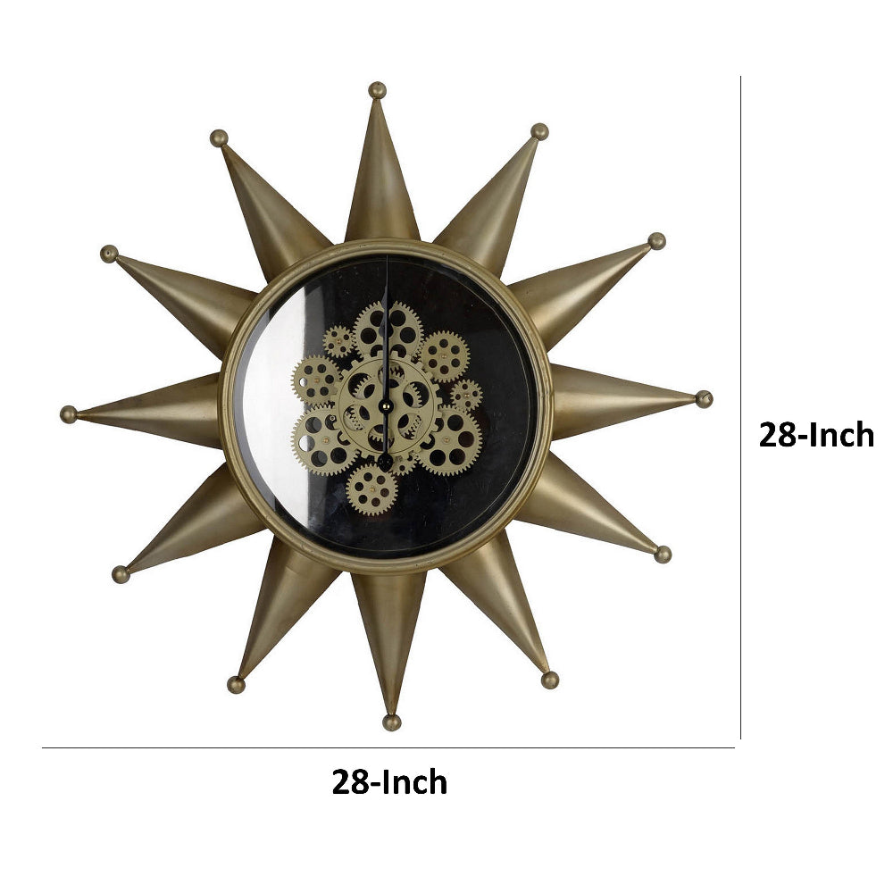 28 Inch Round Wall Clock, Sun Shaped Frame, Rich Brown, Bold Jet Black - BM302626
