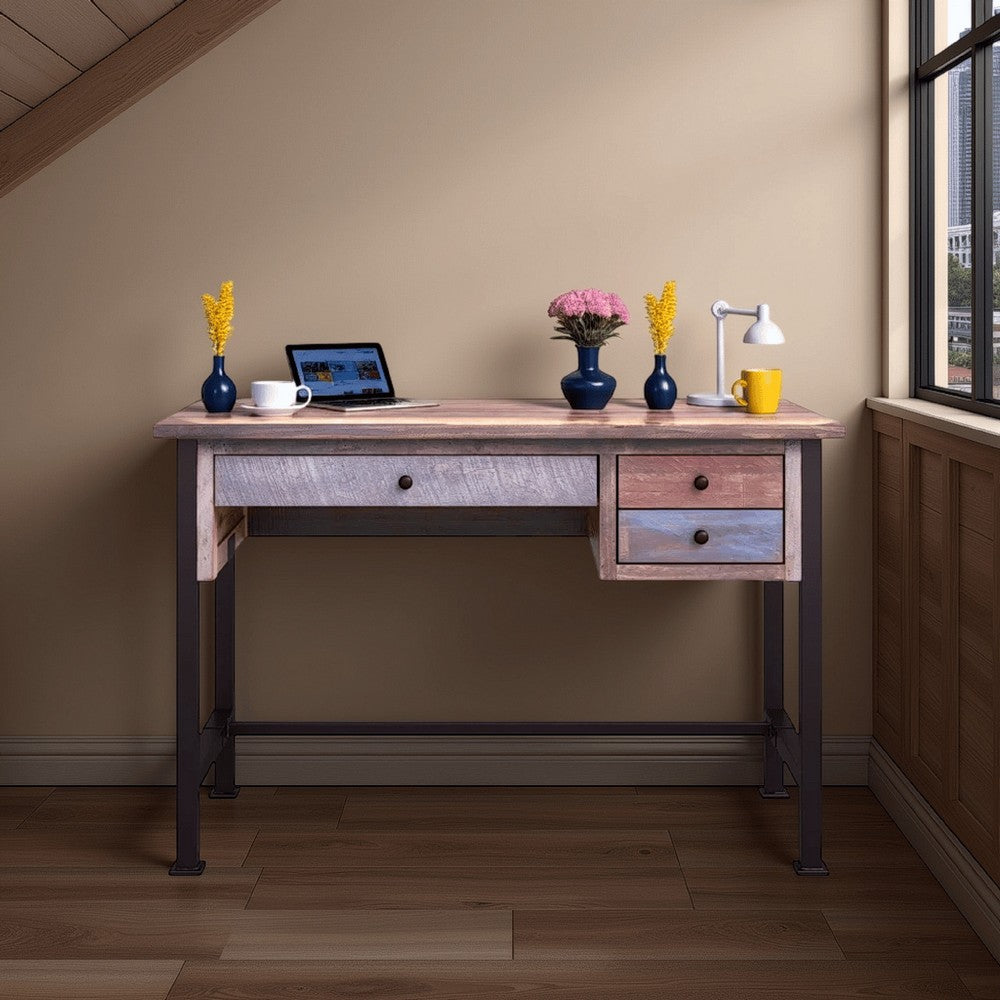 Fena 48 Inch 3 Drawer Office Desk, Iron Base, Multicolor Distress Pine Wood - BM306538