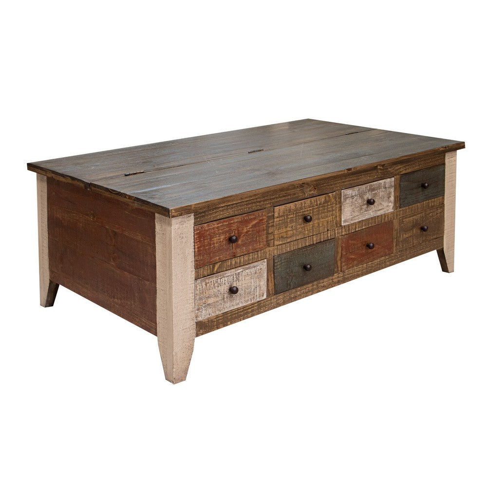 Fena 50 Inch 8 Drawer Coffee Table, Lift Top, Multicolor Distress Pine Wood - BM306540