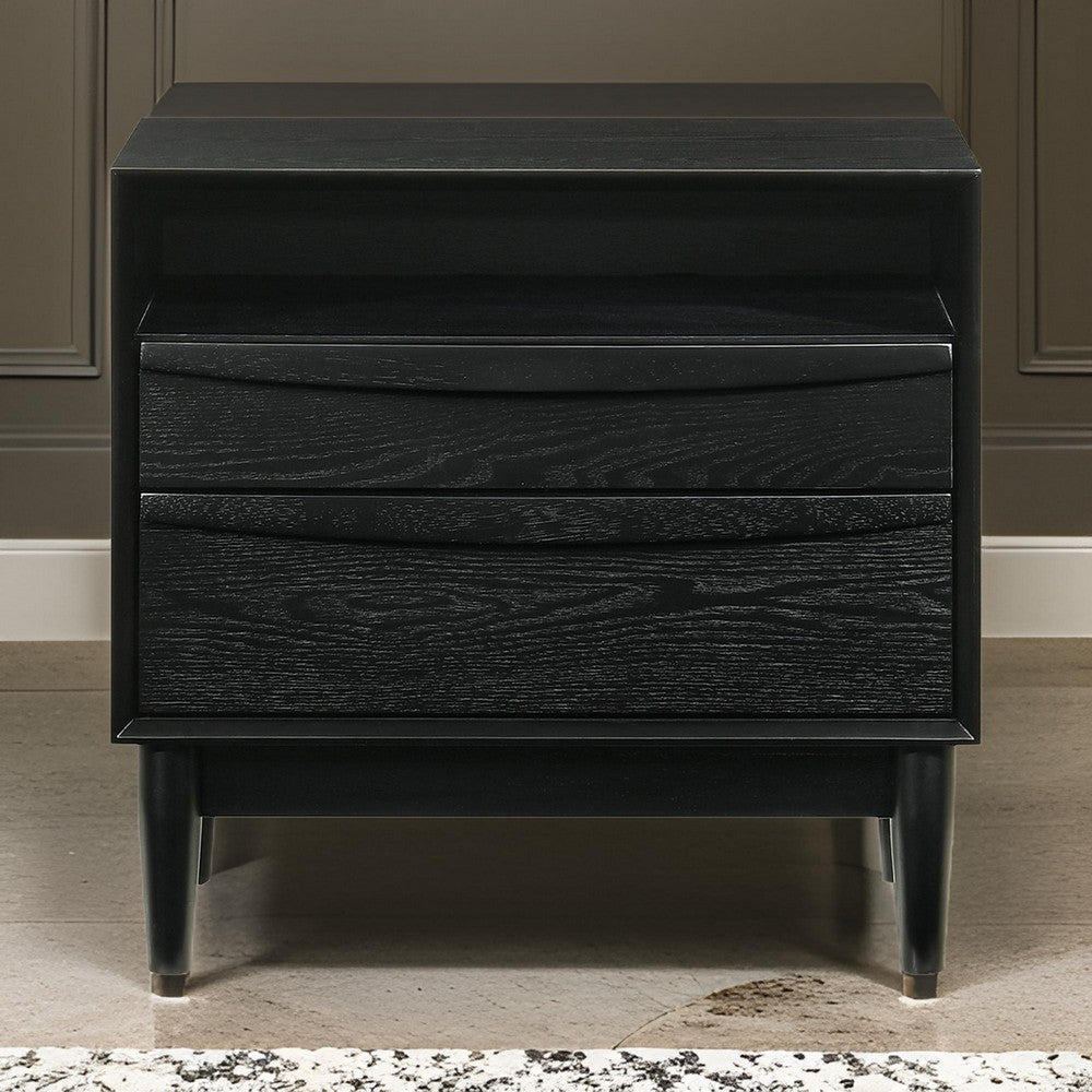 Mian 23 Inch Nightstand, 2 Drawer, Linear Undercut Handles, Wood, Black - BM308838