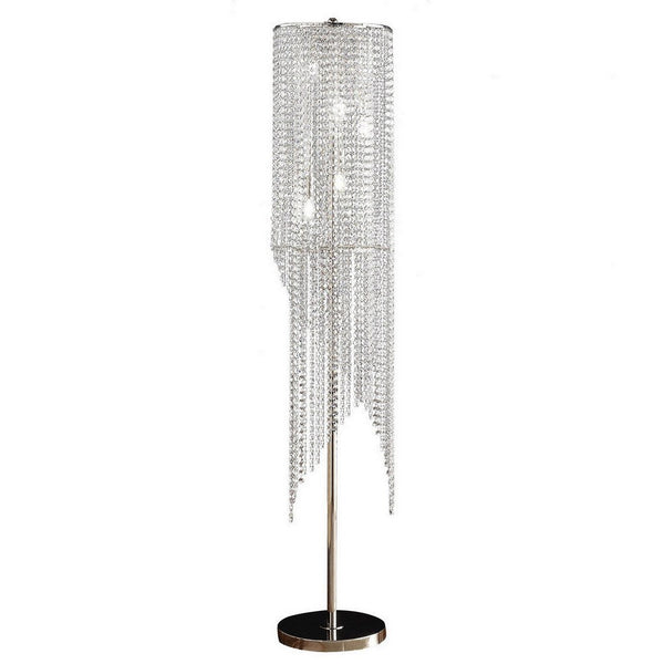 Mindy 62 Inch Floor Lamp, Crystal Raindrops Design, Metal, Clear Finish - BM308930