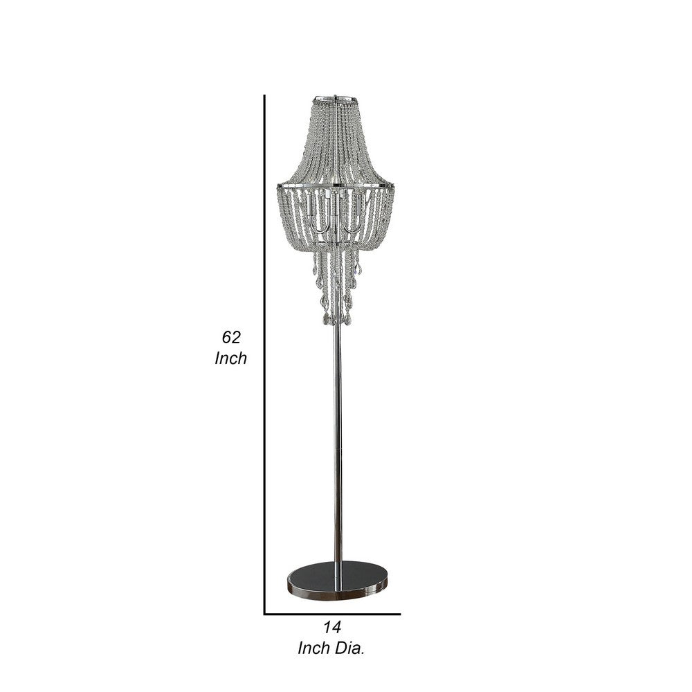 Cara 62 Inch Floor Lamp, Hanging Drop Design, Crystal and Metal, Chrome - BM308933
