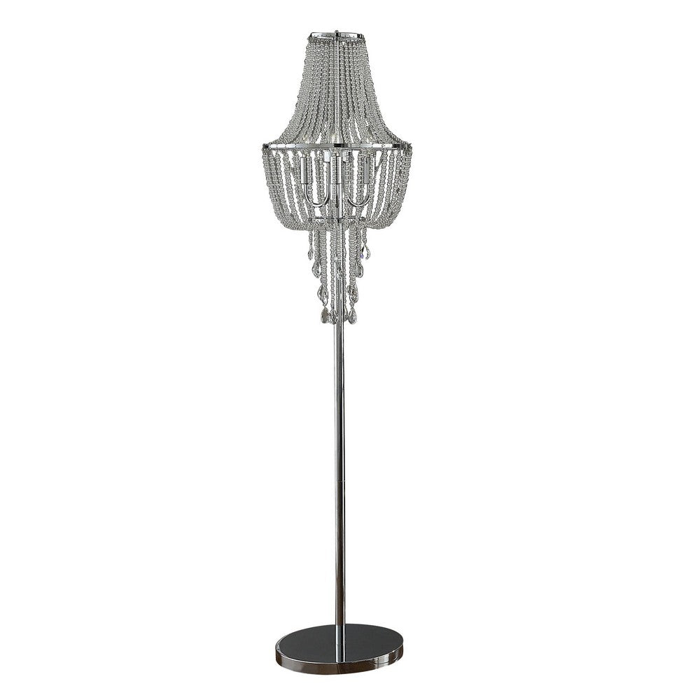Cara 62 Inch Floor Lamp, Hanging Drop Design, Crystal and Metal, Chrome - BM308933