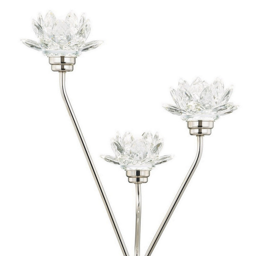 28 Inch Table Lamp, 3 Crystal Flower Shade, Stem Base, Metal, Nickel - BM308936