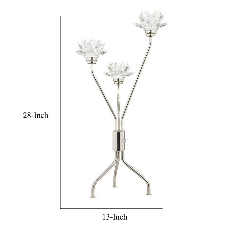 28 Inch Table Lamp, 3 Crystal Flower Shade, Stem Base, Metal, Nickel - BM308936