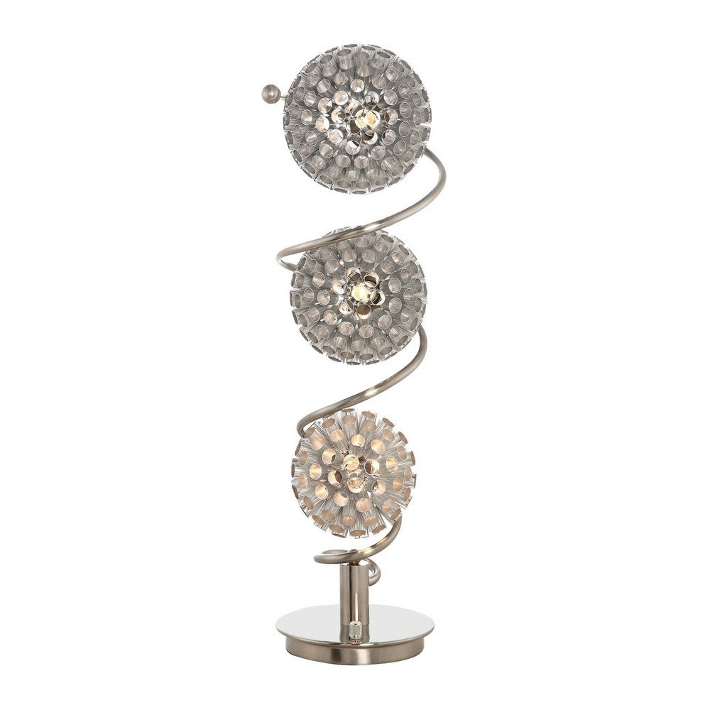32 Inch Table Lamp, Round Shades, Curved Stem, Sand Chrome Finished Metal - BM308983