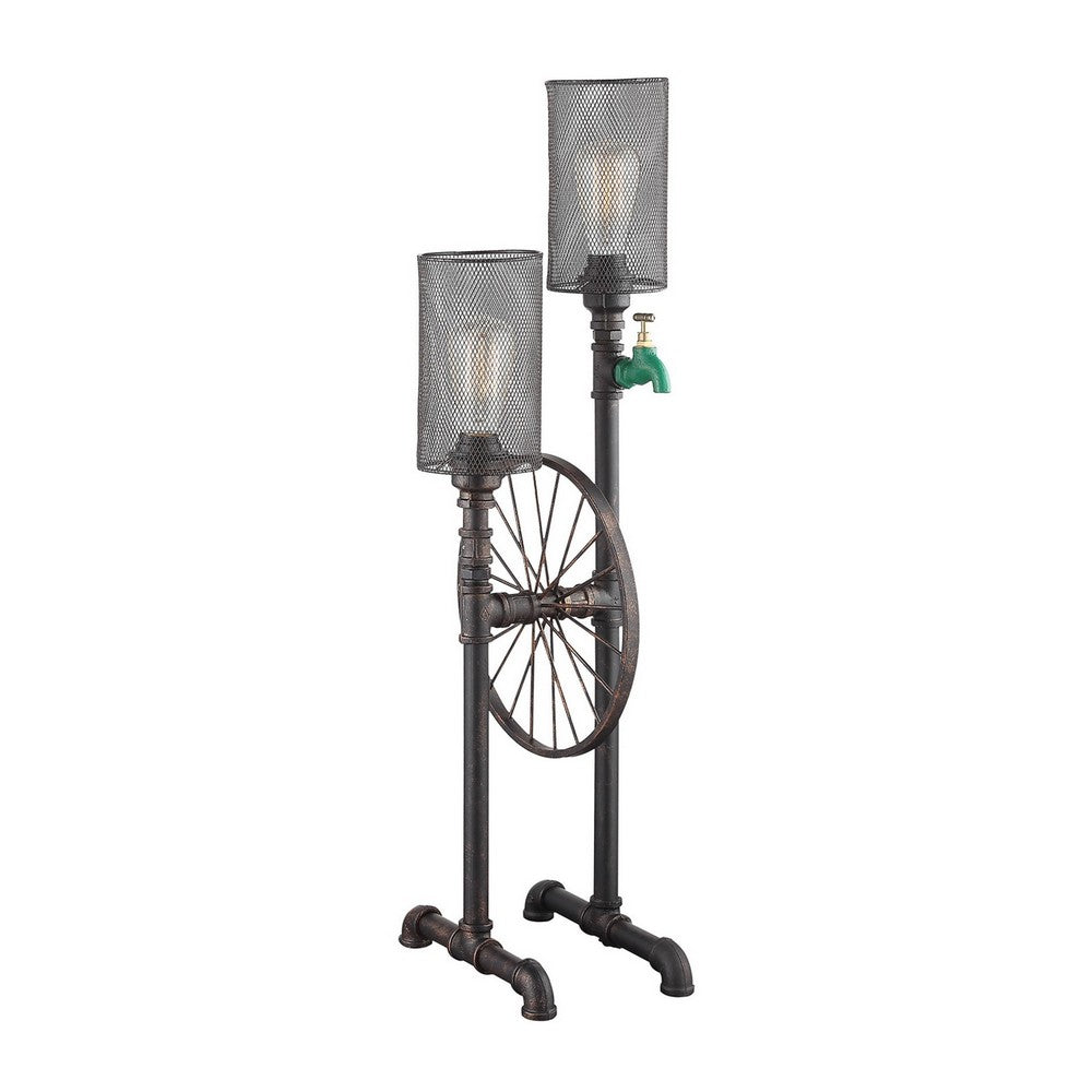 34 Inch Table Lamp, Drum Mesh Shade, Metal Base, Rustic Bronze Finish - BM308999