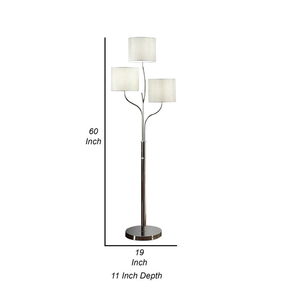 Indi 60 Inch Floor Lamp, 3 Drum Fabric Shade, Round Metal Base, Silver - BM309050