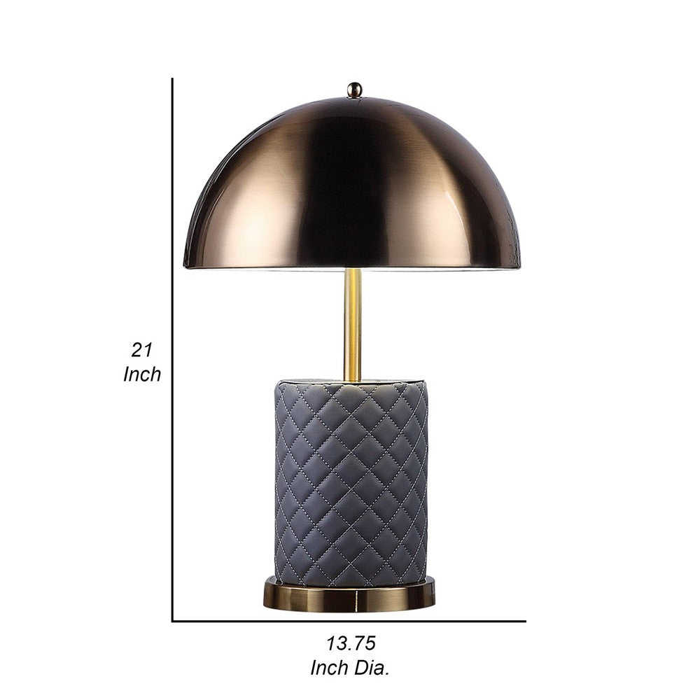 Aria 21 Inch Table Lamp, Dome Shade, Round Base, Gray Faux Leather, Brass - BM309063