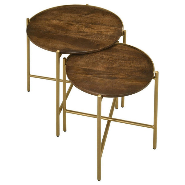 2 Piece Round Nesting Tables, Gold Iron, Modern Mango Wood, Warm Brown - BM309212