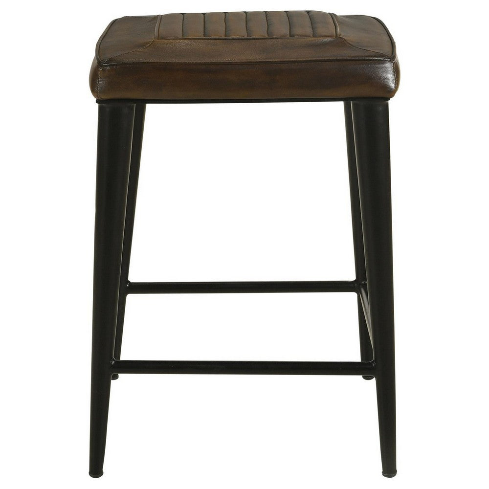 Elsa 24 Inch Counter Stool Set of 2, Brown Genuine Leather, Tufted Seat - BM309252