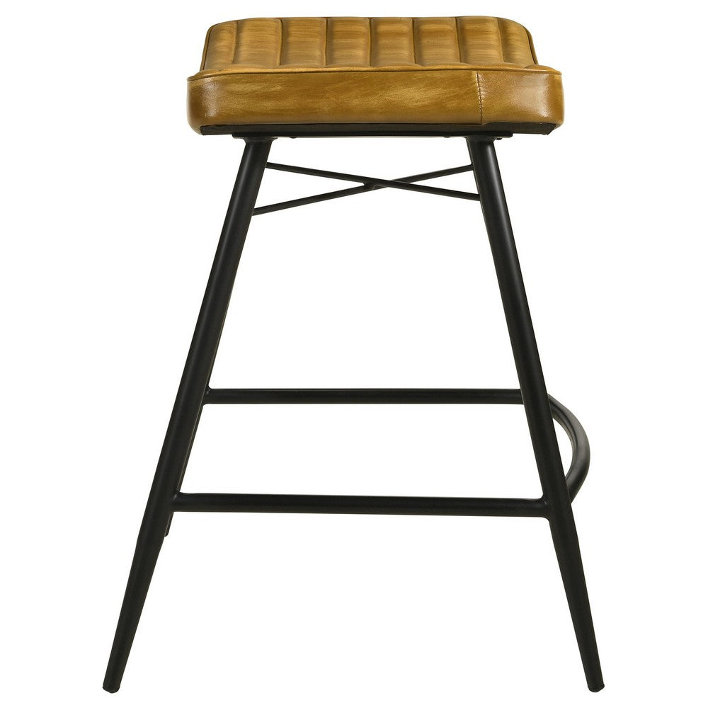 Vini 25 Inch Counter Stool Set of 2, Curved Leather Seat, Tufted, Brown - BM309254