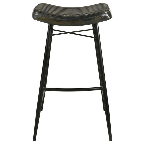 Vini 30 Inch Bar Stool Set of 2, Curved Leather Seat, Channel Tufted, Black - BM309255