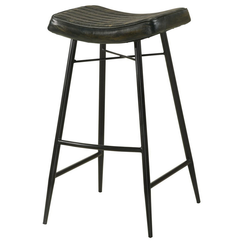 Vini 30 Inch Bar Stool Set of 2, Curved Leather Seat, Channel Tufted, Black - BM309255