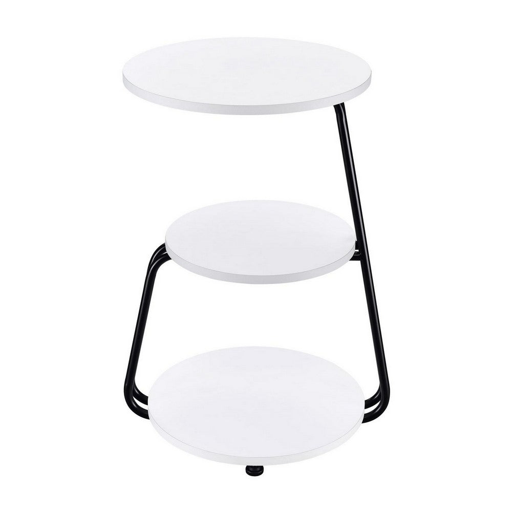 26 Inch Side End Table, 3 Tier Design, Black Metal Frame, White Finish - BM309263