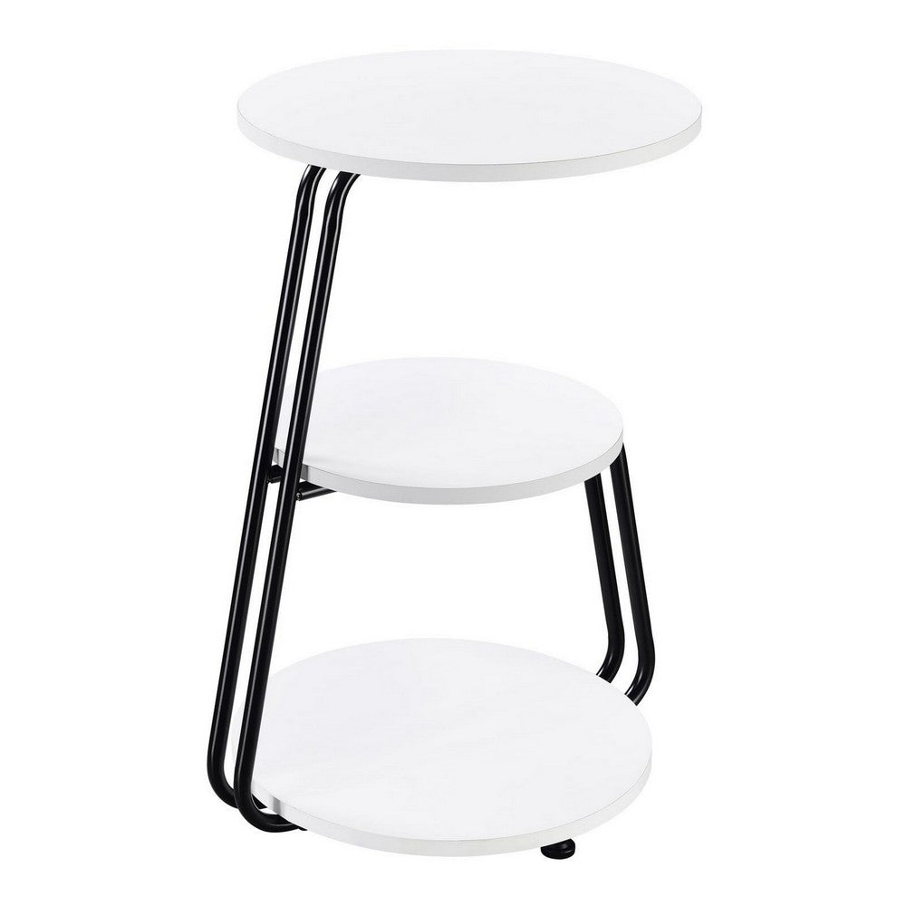 26 Inch Side End Table, 3 Tier Design, Black Metal Frame, White Finish - BM309263