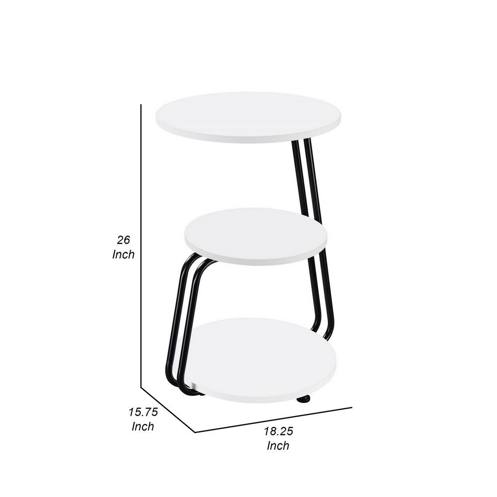 26 Inch Side End Table, 3 Tier Design, Black Metal Frame, White Finish - BM309263