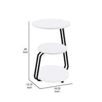 26 Inch Side End Table, 3 Tier Design, Black Metal Frame, White Finish - BM309263